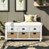 TREXM Rustic Storage Bench with 3 Drawers and 3 Rattan Baskets, Shoe Bench for Living Room, Entryway (White)