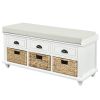 TREXM Rustic Storage Bench with 3 Drawers and 3 Rattan Baskets, Shoe Bench for Living Room, Entryway (White)