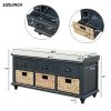 TREXM Rustic Storage Bench with 3 Drawers and 3 Rattan Baskets, Shoe Bench for Living Room, Entryway (Antique Navy)