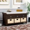 TREXM Rustic Storage Bench with 3 Drawers and 3 Rattan Baskets, Shoe Bench for Living Room, Entryway (Espresso)