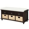 TREXM Rustic Storage Bench with 3 Drawers and 3 Rattan Baskets, Shoe Bench for Living Room, Entryway (Espresso)