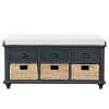 TREXM Rustic Storage Bench with 3 Drawers and 3 Rattan Baskets, Shoe Bench for Living Room, Entryway (Antique Navy)