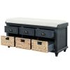 TREXM Rustic Storage Bench with 3 Drawers and 3 Rattan Baskets, Shoe Bench for Living Room, Entryway (Antique Navy)