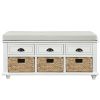 TREXM Rustic Storage Bench with 3 Drawers and 3 Rattan Baskets, Shoe Bench for Living Room, Entryway (White)