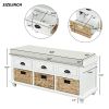 TREXM Rustic Storage Bench with 3 Drawers and 3 Rattan Baskets, Shoe Bench for Living Room, Entryway (White)
