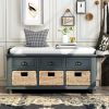 TREXM Rustic Storage Bench with 3 Drawers and 3 Rattan Baskets, Shoe Bench for Living Room, Entryway (Antique Navy)