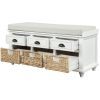 TREXM Rustic Storage Bench with 3 Drawers and 3 Rattan Baskets, Shoe Bench for Living Room, Entryway (White)