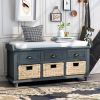 TREXM Rustic Storage Bench with 3 Drawers and 3 Rattan Baskets, Shoe Bench for Living Room, Entryway (Antique Navy)